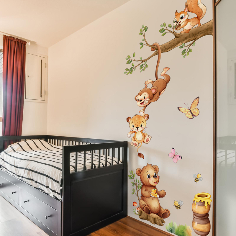 Kids Educational Posters - Animal Branches Cute Monkey Butterfly Bee