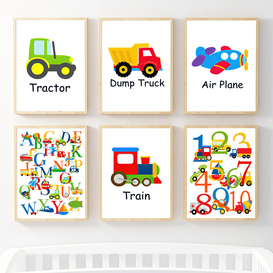 Kids Educational Posters - Cartoon Vehicle Alphabet wall Art Canvas